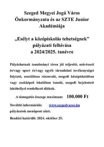 Esélyt a középiskolás tehetségnek pályázat a 2024/2025-ös tanévre